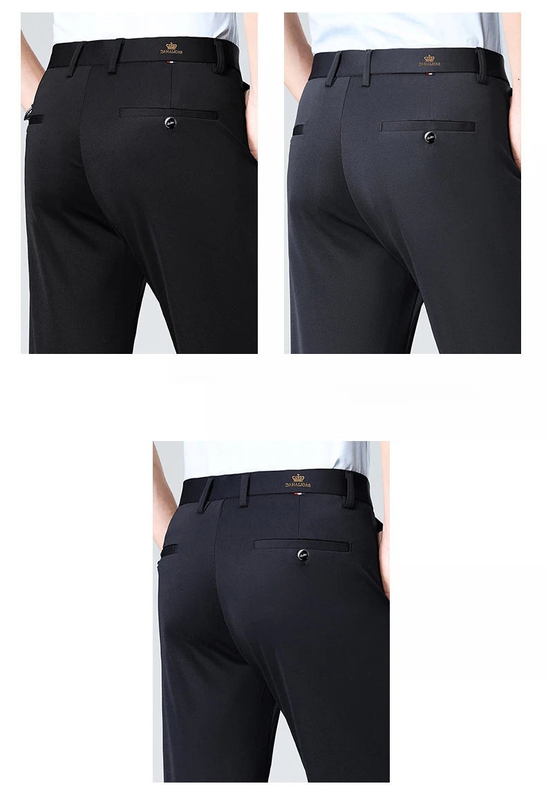 High-stretch fabric men's business trousers suitable for all seasons, featuring an elastic waistband and classic office/work for