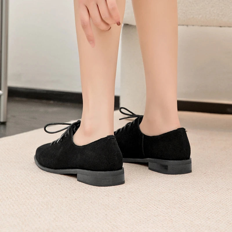 Women Loafer Lace-up 2025 New Spring Shoes Women Suede Genuine Leather Women Oxford Shoes Large Size British Style Women Shoes