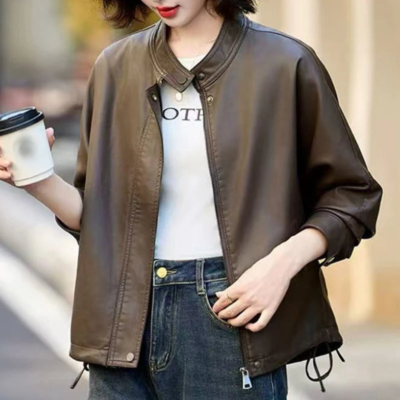 Masss Wasss 2025 Autumn Ladies Classic Fashion Oversized PU Jackets Womems Leisure Faux Leather Coats Loose Vintage Windbreakers