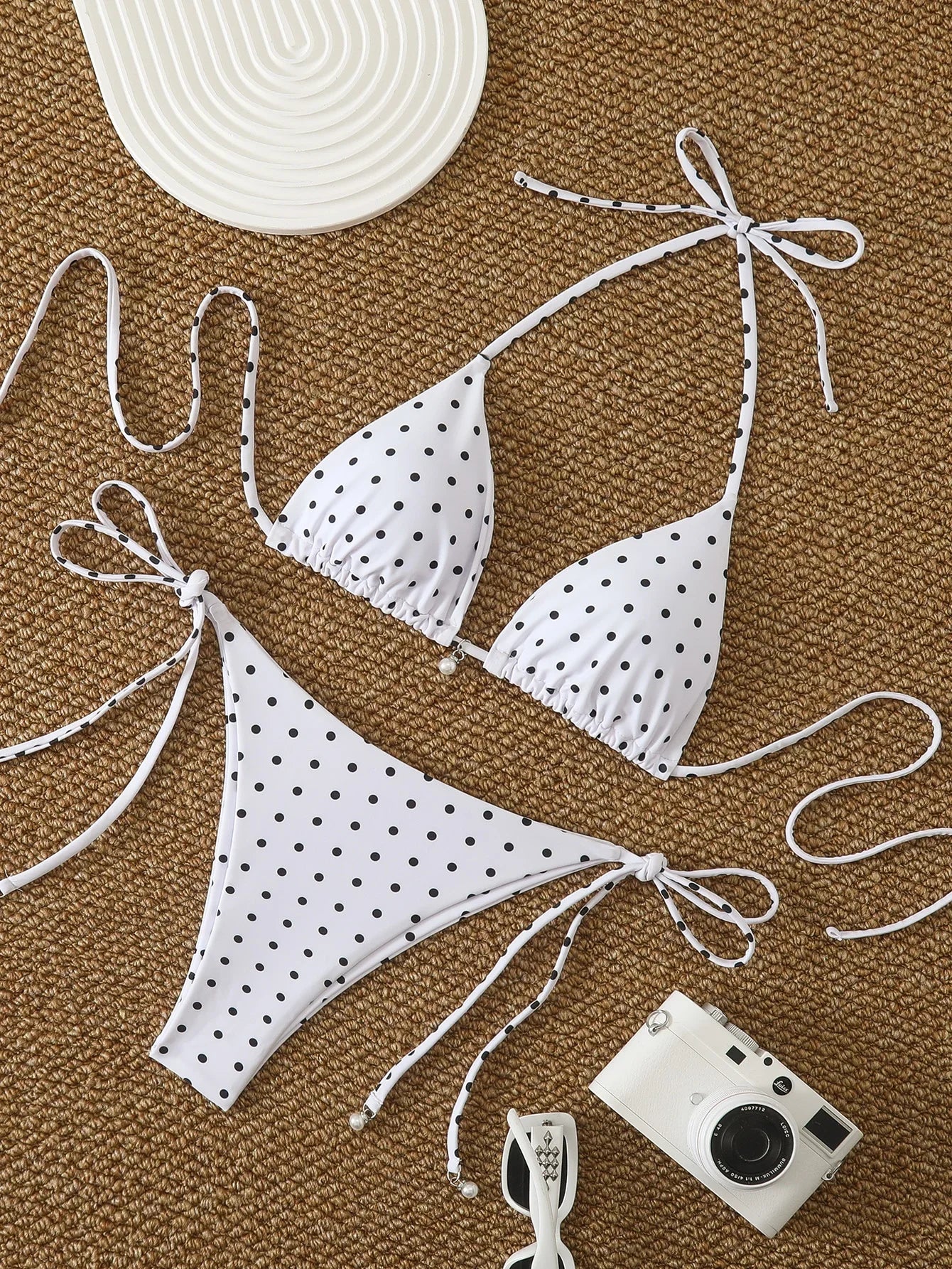 Women's Sexy Polka Dot Halter Bikini Set Lace-Up Low Waist Two-Piece Triangle Thong Swimwear Tie On Side Brazilian Biquinis