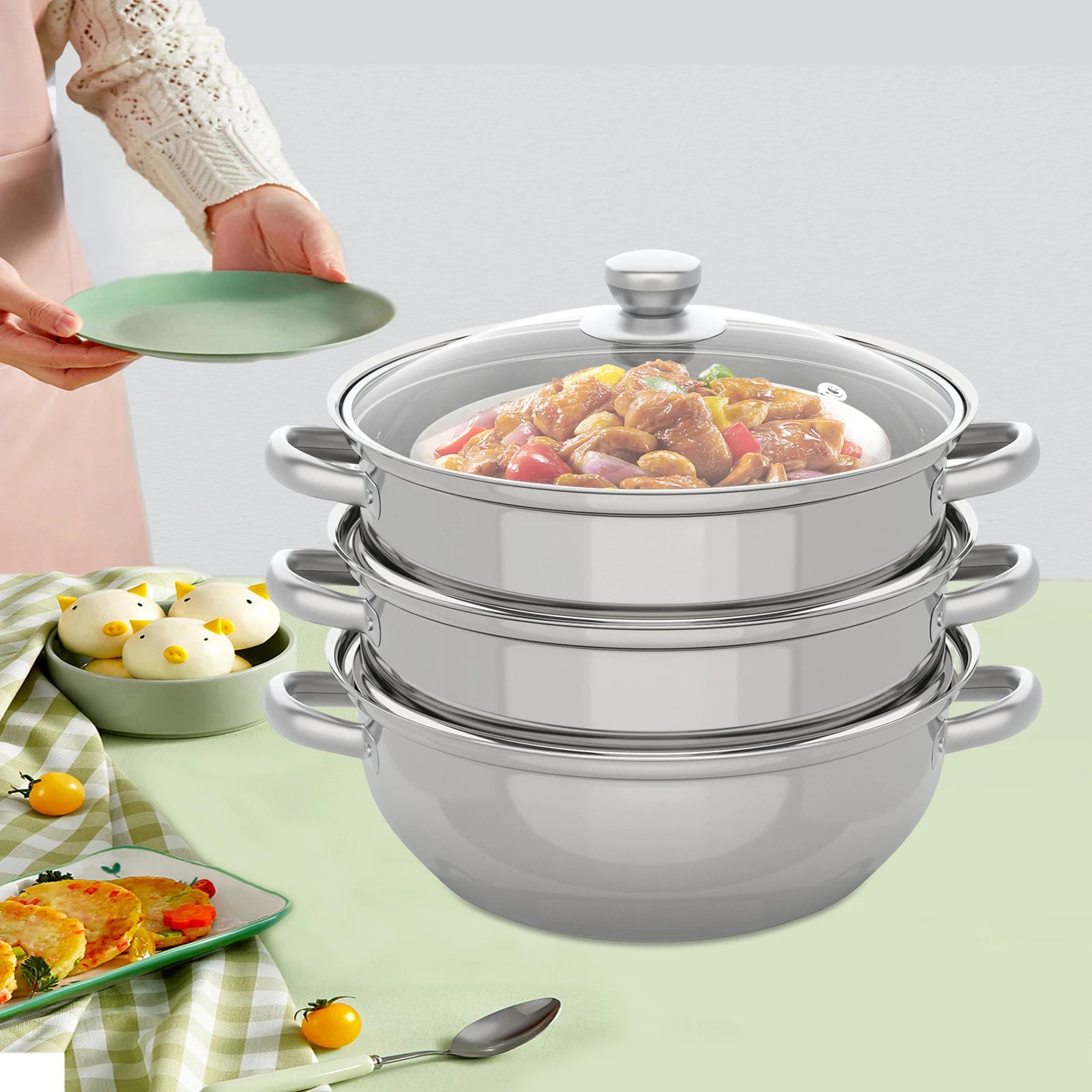 28CM Stainless Steel Steam Cooker Multi-Function 3 Tier Steamer Pot Cookware for Cooking Veg Meat Soups Seafood