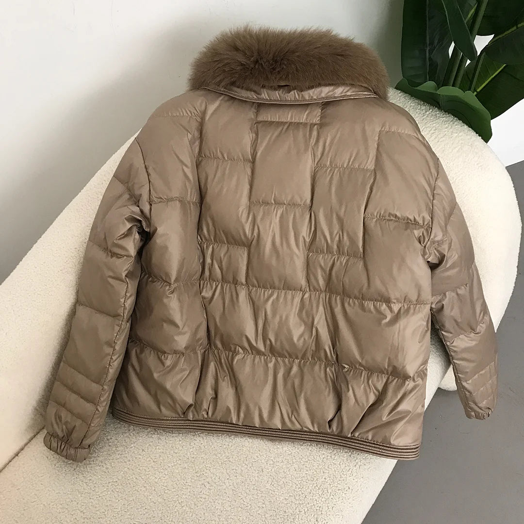 Real Fox Mink Fur Collar Coat Winter Women White Duck Down Jacket Ladies Short Warm Puffer Female Loose Vintage Parka Outerwear