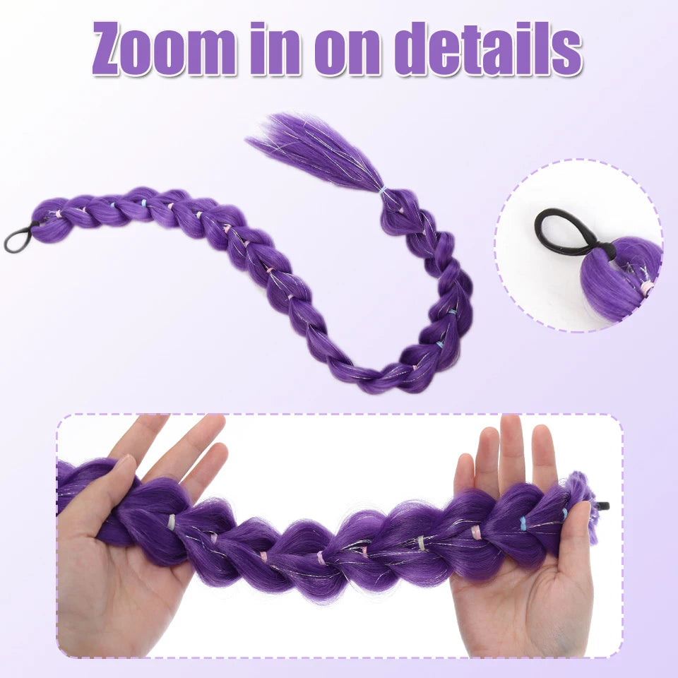 32inch Braided Purple Synthetic Ponytail with Tinsel Hair Wig Super Extensions Shiny Tinsel Hair for Kids Christmas Cosplay Hair