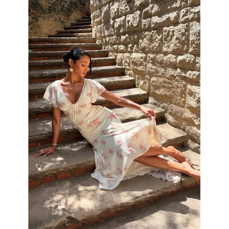 Fashion Organza Floral Printed Maxi Dress V-Neck Puff Sleeve 2026 Spring/Summer Romantic Women Party Gown Elegant Lady Vestido