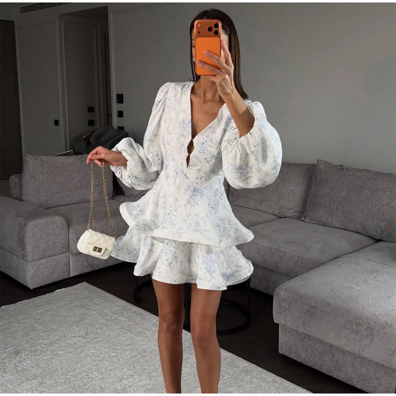 Fashion Organza Floral Printed Maxi Dress V-Neck Puff Sleeve 2026 Spring/Summer Romantic Women Party Gown Elegant Lady Vestido