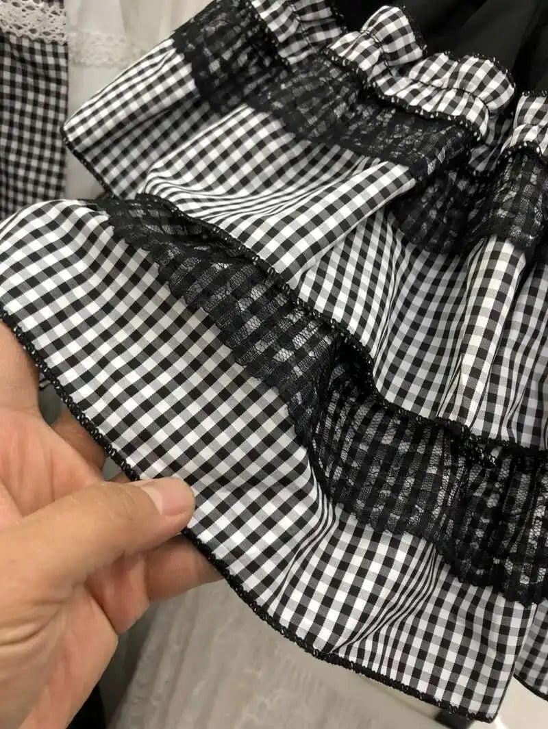 2025 Spring Summer Sweet Cute Lace Patchwork Plaid Cake Short Skirt With Shorts Womem Korean Japan Preppy Style Skirts