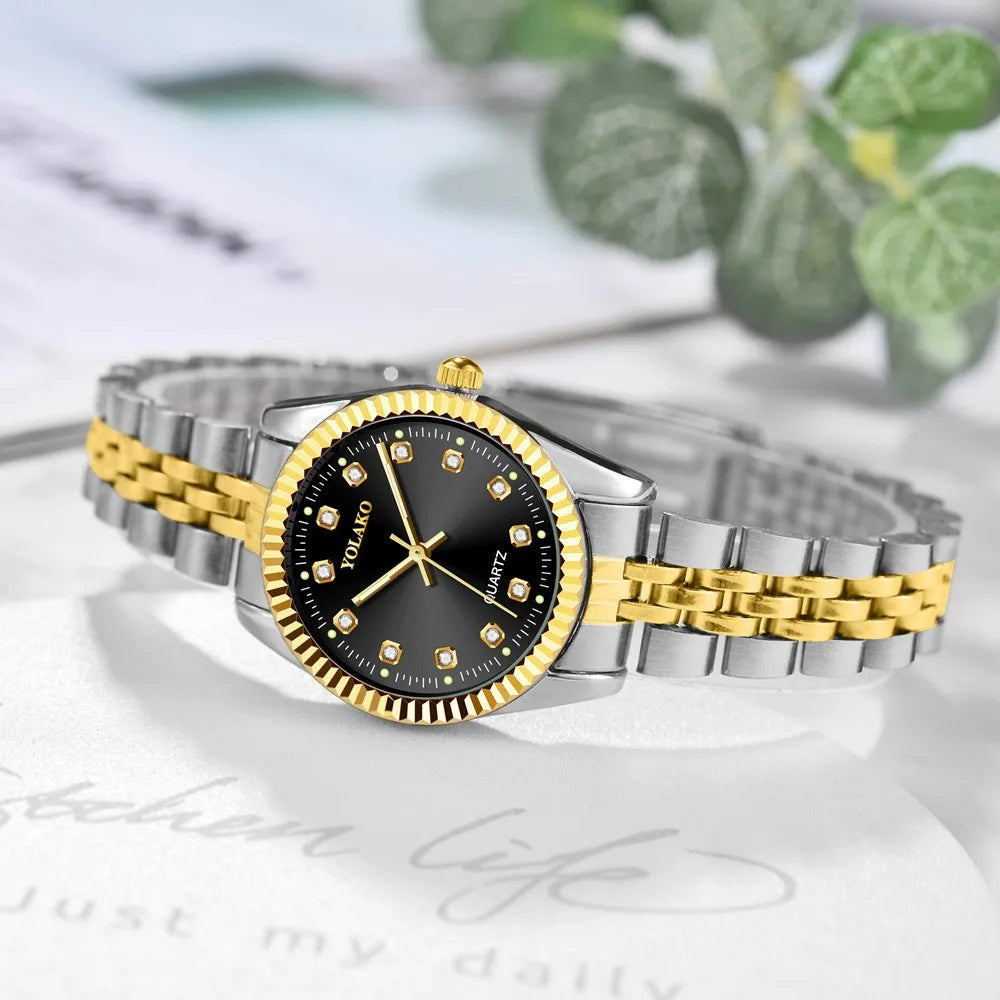 Watches for Women Simple Casual Student Fashion Quartz Diamond-Encrusted Steel Band Calendar Gold Set Men's Watch Couple
