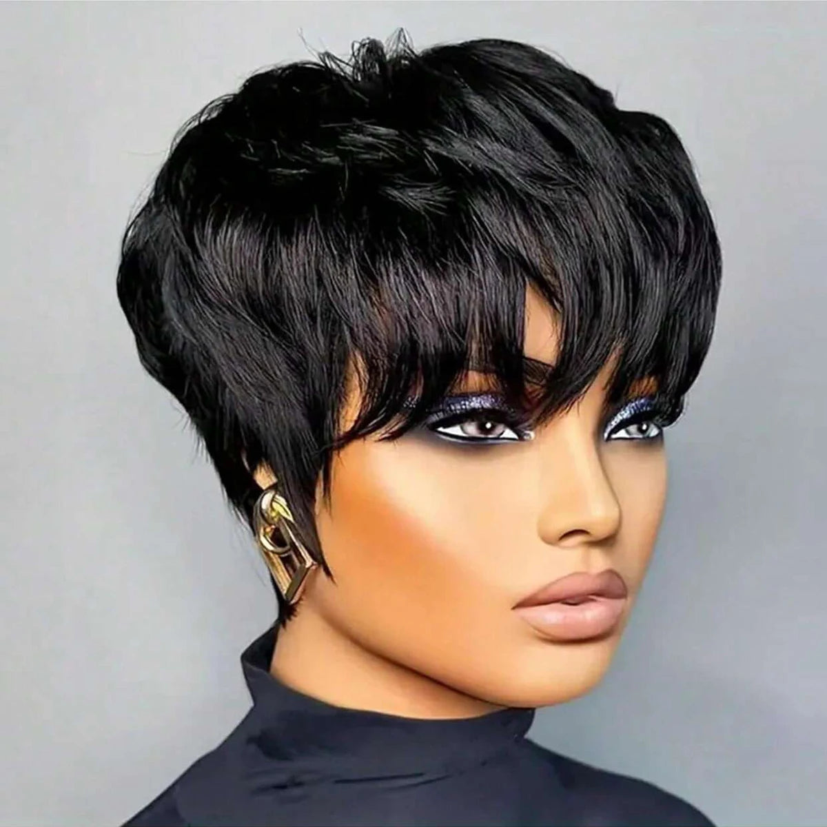 Short Bob Wig ForWomen Pixie Cut Wigs Glueless Wig None Lace Front Wig With Bangs Natural Black Straight Synthetic Wig
