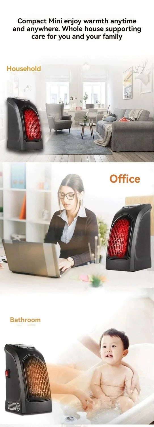 Portable Electric Heater for Rooms, Plug-In Wall Mini Radiator Fan Warmer, Compact Home Heating Appliance