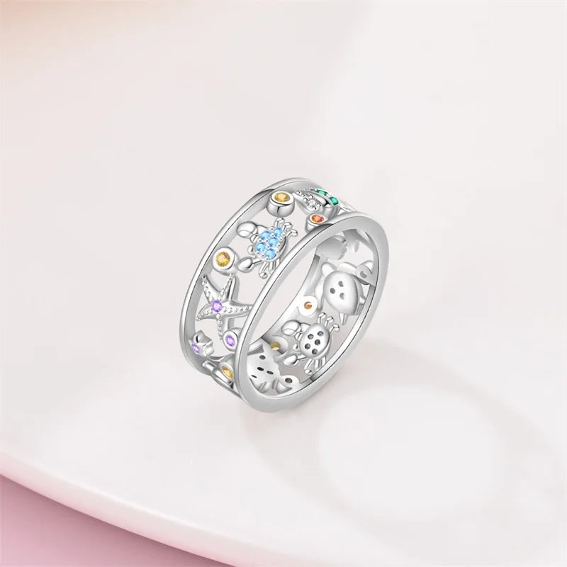 Rings For Women 925 Silver Size 6-9 Ocean Flower Sun Butterfly Heart Hollow Ring Fit For Engagement Weddings Fine Jewelry Gifts