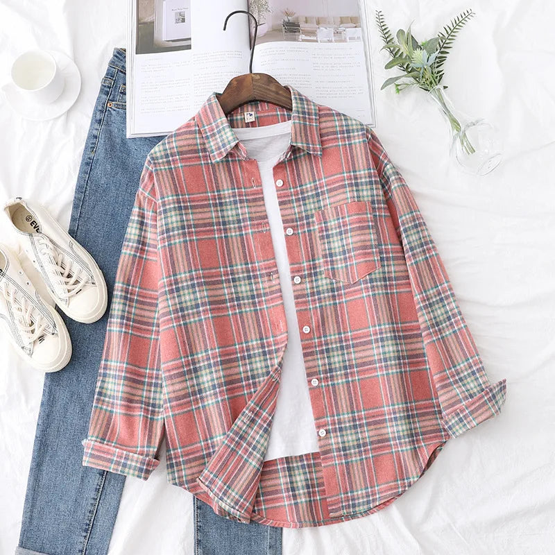 Casual Women's Plaid Shirt 2025 Spring Autumn New Ladies Loose Blouse and Tops Female Long Sleeve Shirts Fresh Checked Clothes