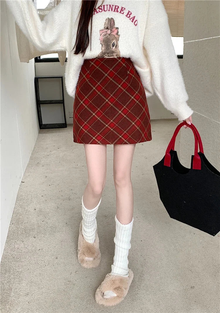 ITOOLIN Womem Vintage Plaid Tweed A-line Skirt Casual High Waist Mini Skirt Women Preppy Style Bodycon Skirts Spring Summer 2026