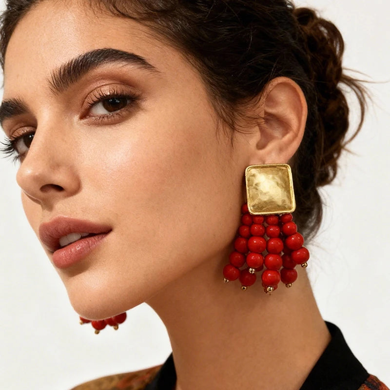 Vintage Handmade Wooden Drop Dangle Earrings Maxi Beaded Bohemian Statement Wedding Jewelry For Women brincos
