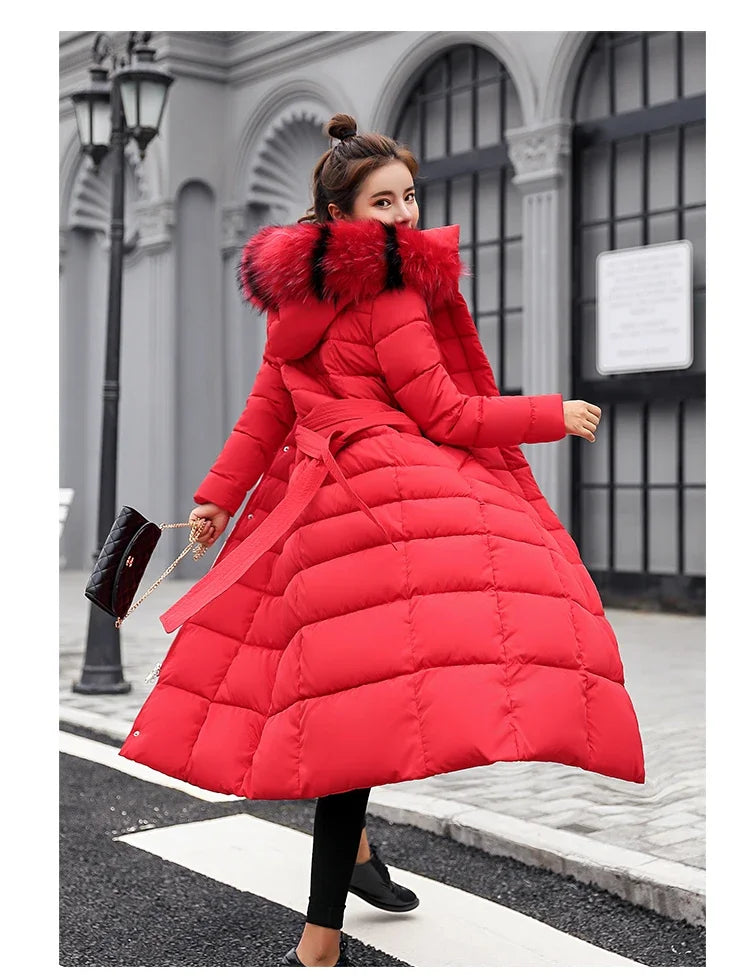 Long Down Cotton Parkas Coat Female New Winter Over Knee Loose Large Fur Collar Hooded Warm Thick Parkas Women  Padded Overcoat