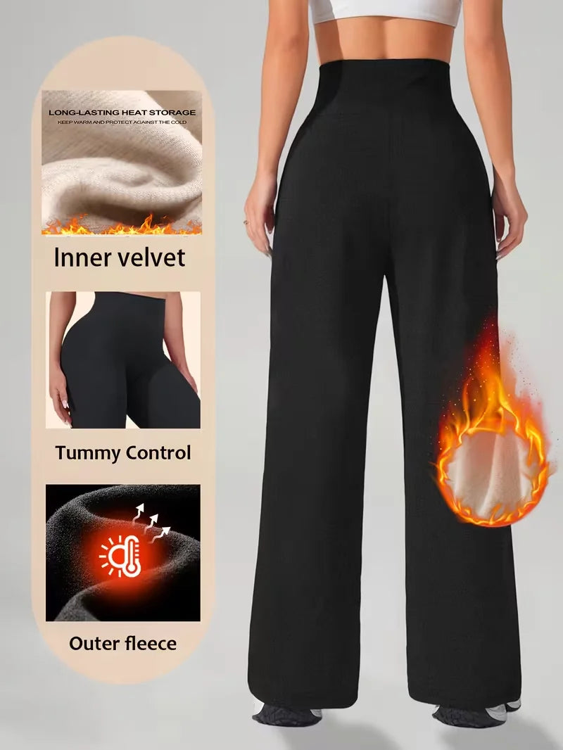 Warm Fleece Lined Wide Leg Pants Winter High Waist Warm Straight Leg Pants Women's Soft Apparel Casual Long Trouser Outdoor Wear