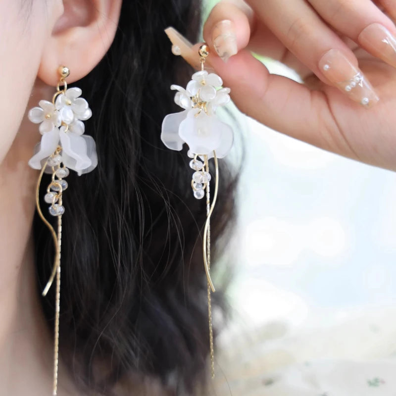 Trendy Temperament Long Pearls No Hole Clip Earrings Imitation Pearl Shell Tassel Long Clip on Earrings on Pierced Ears Women