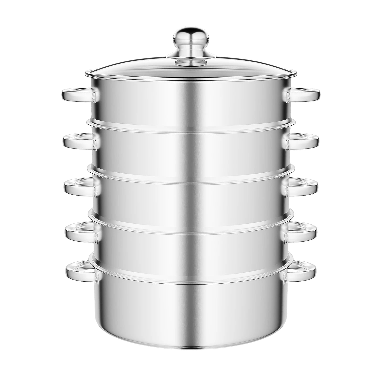 5-Layer Steamer 26cm/28cm/30cm Steam Cooker 304 Food-Grade Stainless Steel 4 Steaming Grids and 1 Cooking Pot W/ Glass Lid