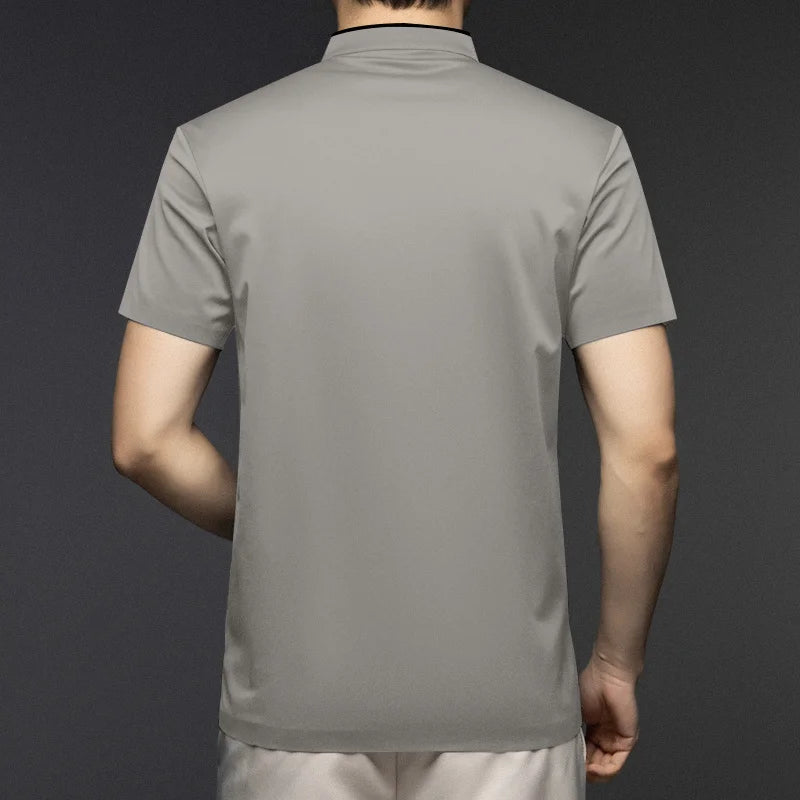 2025 New Men's Casual Fashion Zipper Solid Color Short Sleeved Polo Shirt Stand Up Collar Versatile Comfortable Top