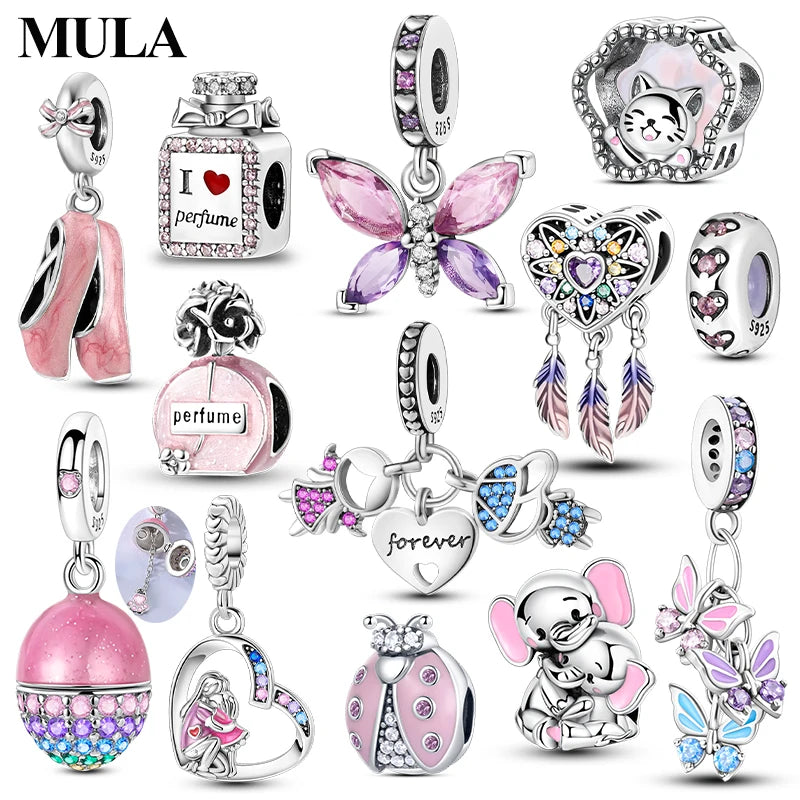 MULA Pink 925 Sterling Silver Charms Pendant Perfume Dreamcatcher Heart Love Beaded Fit Original Bracelet Women DIY Jewelry Gift