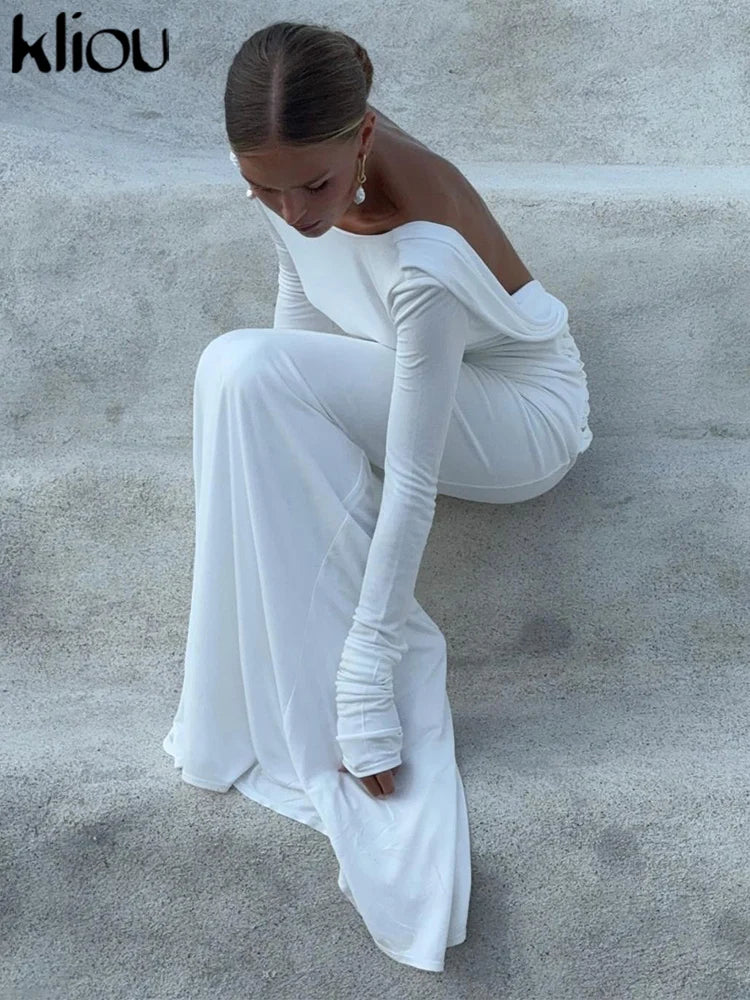 kliou Solid Elegant Women Maxi Dress Simple Fall Classic Trend Full Sleeve Swinging Backless Sheath Vestidos Mujer Evening Robe