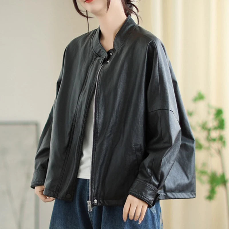 Masss Wasss 2025 Autumn Ladies Classic Fashion Oversized PU Jackets Womems Leisure Faux Leather Coats Loose Vintage Windbreakers