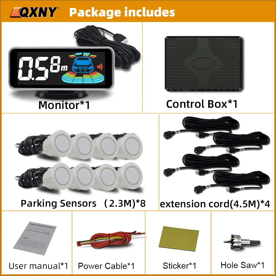8 Parktronic Parking Sensors Kit Reversing Front and Rear Car Backup Radar Detector Backing Assistance Sound Aler AID