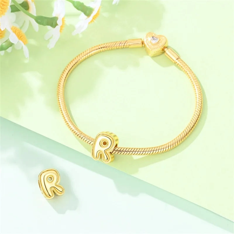 New Hot Sales 925 Sterling Silver 26 Golden Letters Charms Bead Fit Original Bracelet DIY Women Birthday Jewelry Gifts