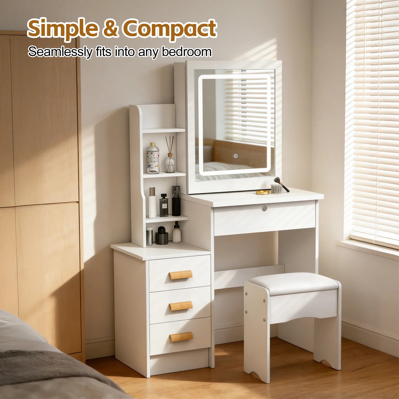 Bedroom Dressing Table Vanity Desk with Sliding Mirror and Lights Makeup Table with Hidden Storage Space