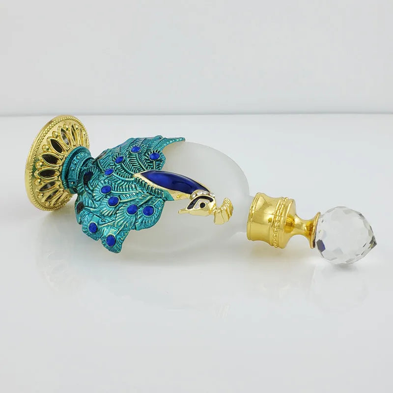 Artistic 30ml Empty Perfume Bottle, Dubai-Inspired Metal and Glass Container Adorned with a Peacock Motif, Great for Refilling E