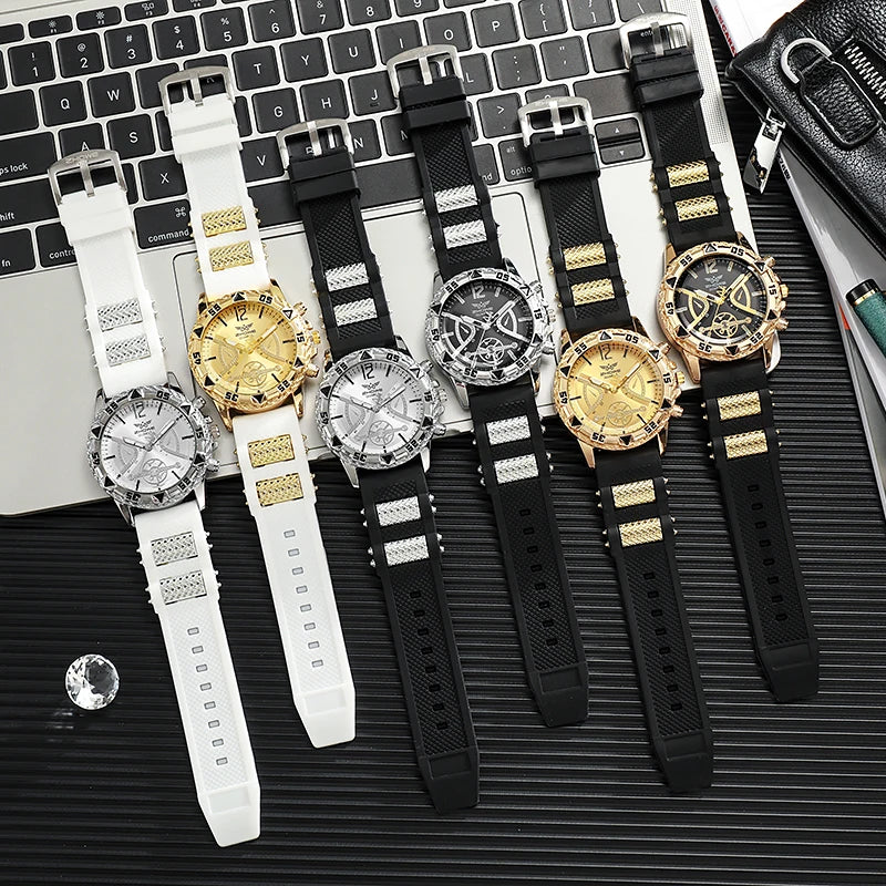 4PCS Fashion Arabic Dial Men Business Quartz Watch CasuSilicone Strap Wristwatch With Necklace Set Reloj Hombre (Without Box)