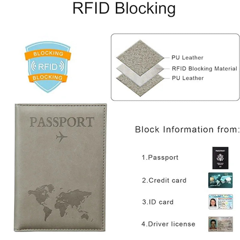 PU Leather Passport Cover For Men & Women World Map Travel Passport Case Organizer - Protective Card Holder ID Document Covers