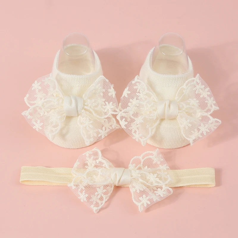Baby Girls Socks Headband Sets Spring Autumn Knit Lace Bow Princess Socks for Party, Wedding, Baby Shower