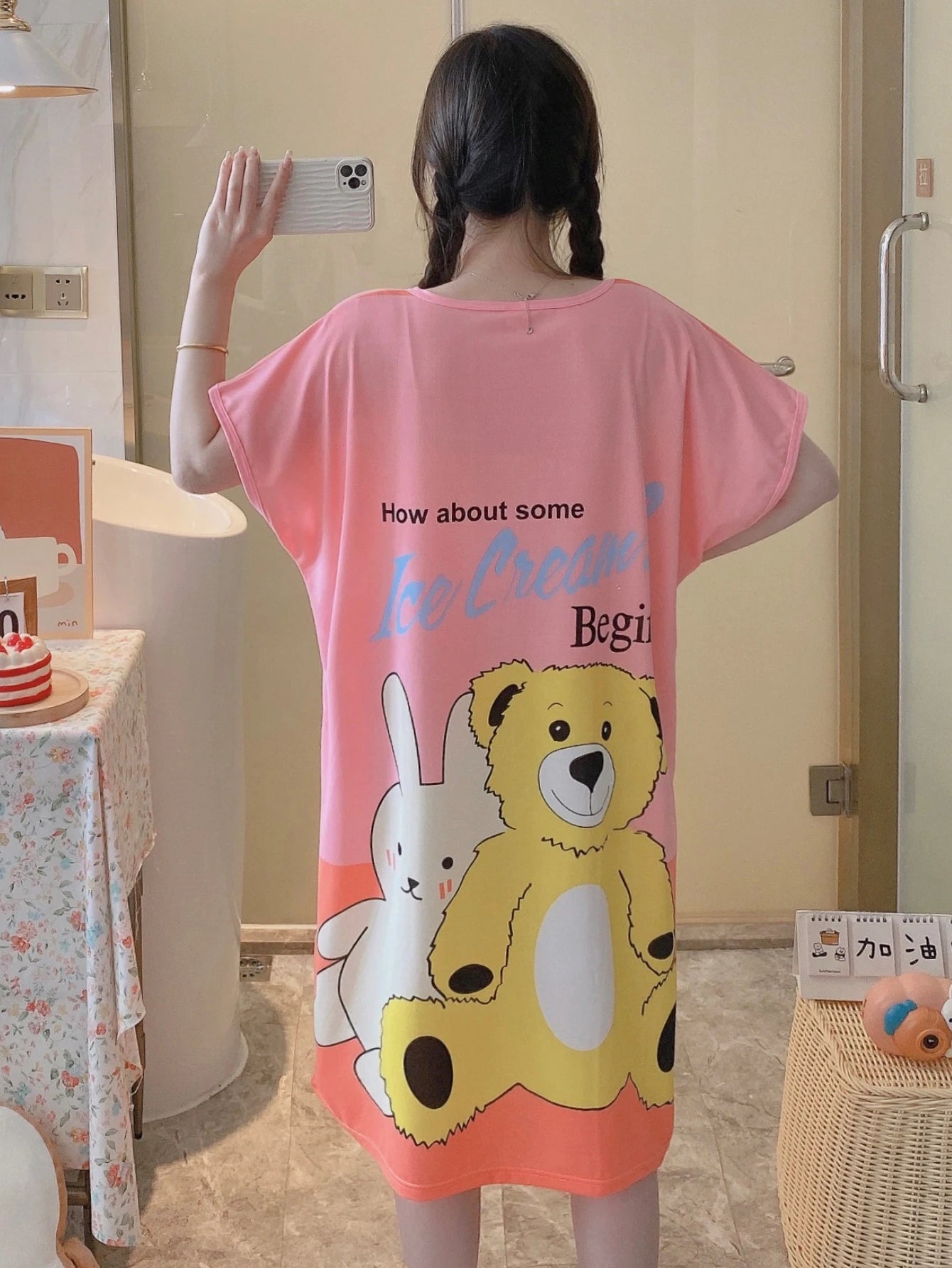1PC, Summer And Autumn Cool Cute Girls Cartoon Nightdress, Comfortable Short-sleeved Dress, Women's Home Wear, Polyester Pajama