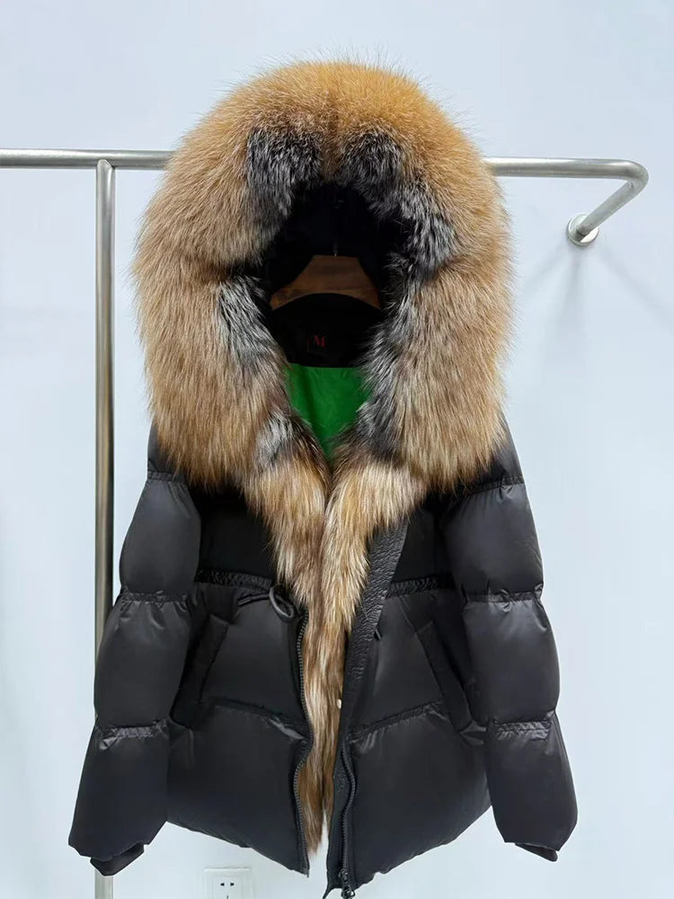 Winter Real Fox Fur Collar Hooded Thick Goose Down Jacket Natural Coat Women Female Outwear Luxury Warm Russia Puffer Jackets