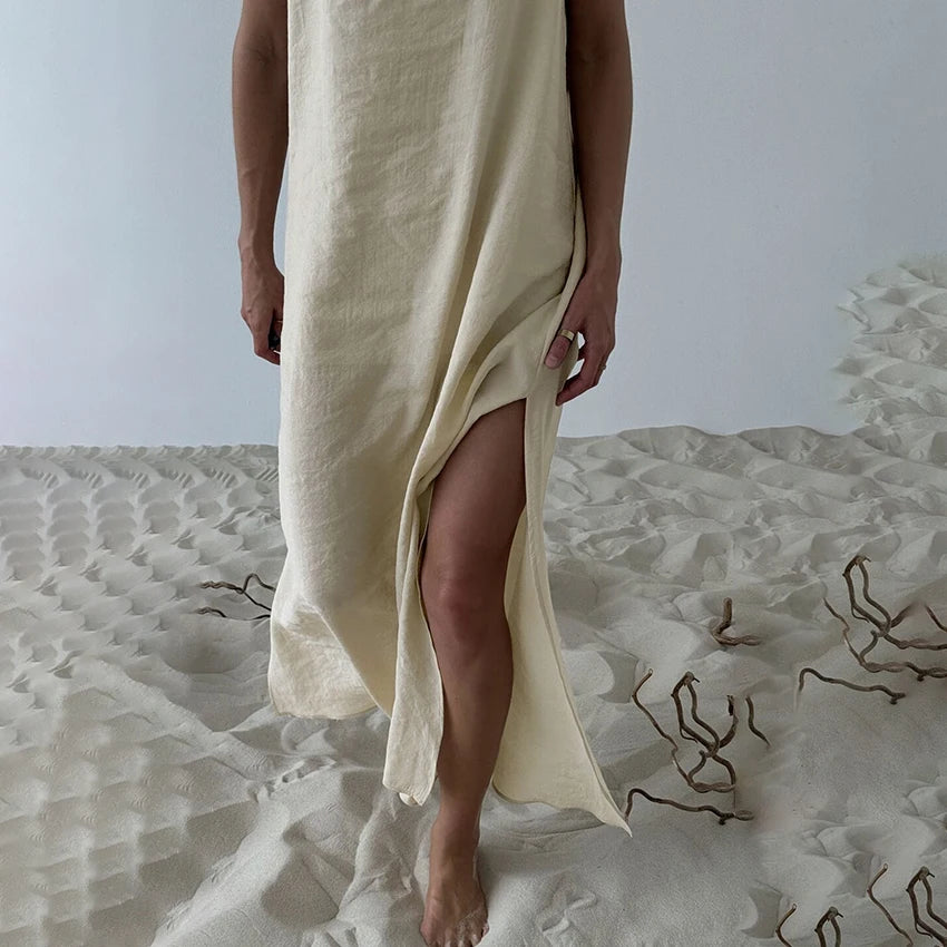 HiLoc Casual Loose White Long Dress Robe 2025 New Summer V Neck Dresses For Women Spring Sleeveless Straight Robes Nightgown
