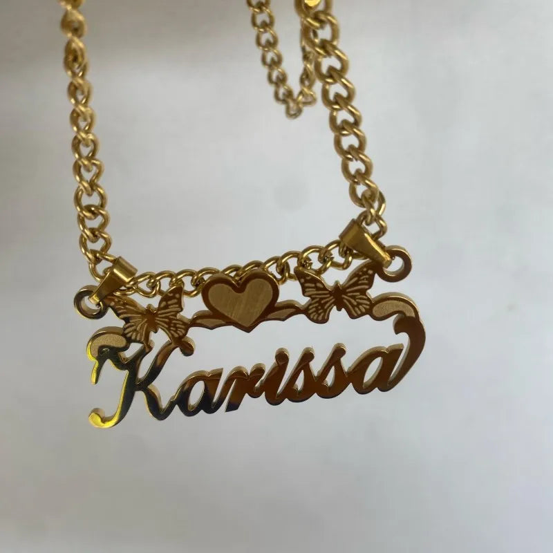 Custom Removable Cartoon Character Name Pendant Gold Color Stainless Steel Heart Nameplate Necklaces For Women Girl Kids