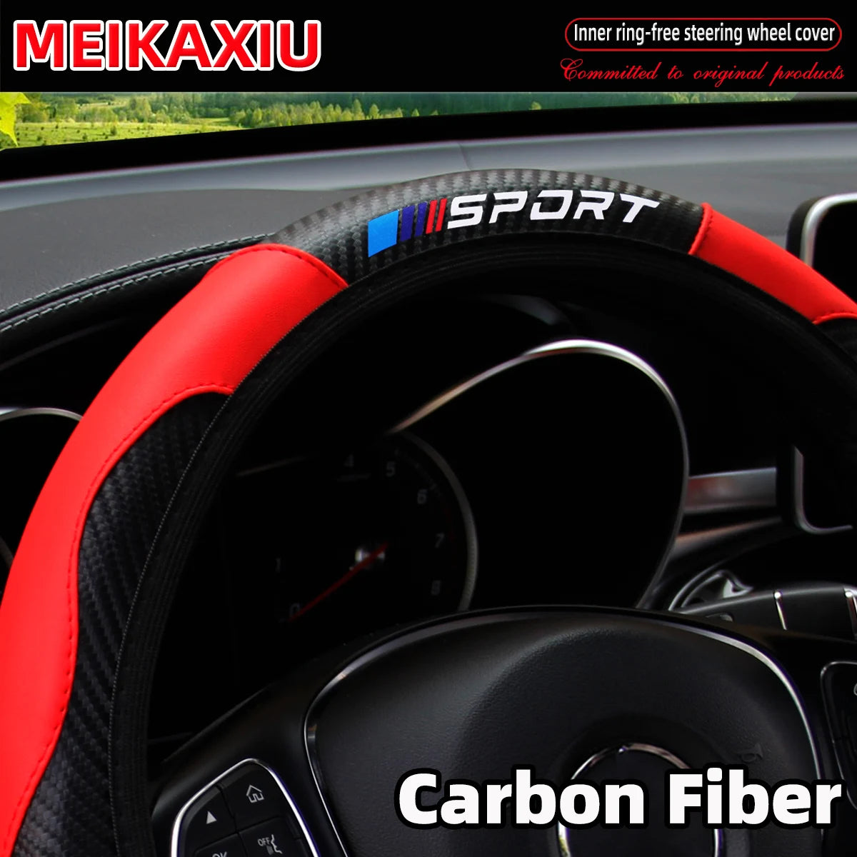 Carbon Fiber Leather Sport Steering Wheel Cover Rimless Universal Fit for 14.5-15 Inch Car Steering Wheels Decorative Accessory