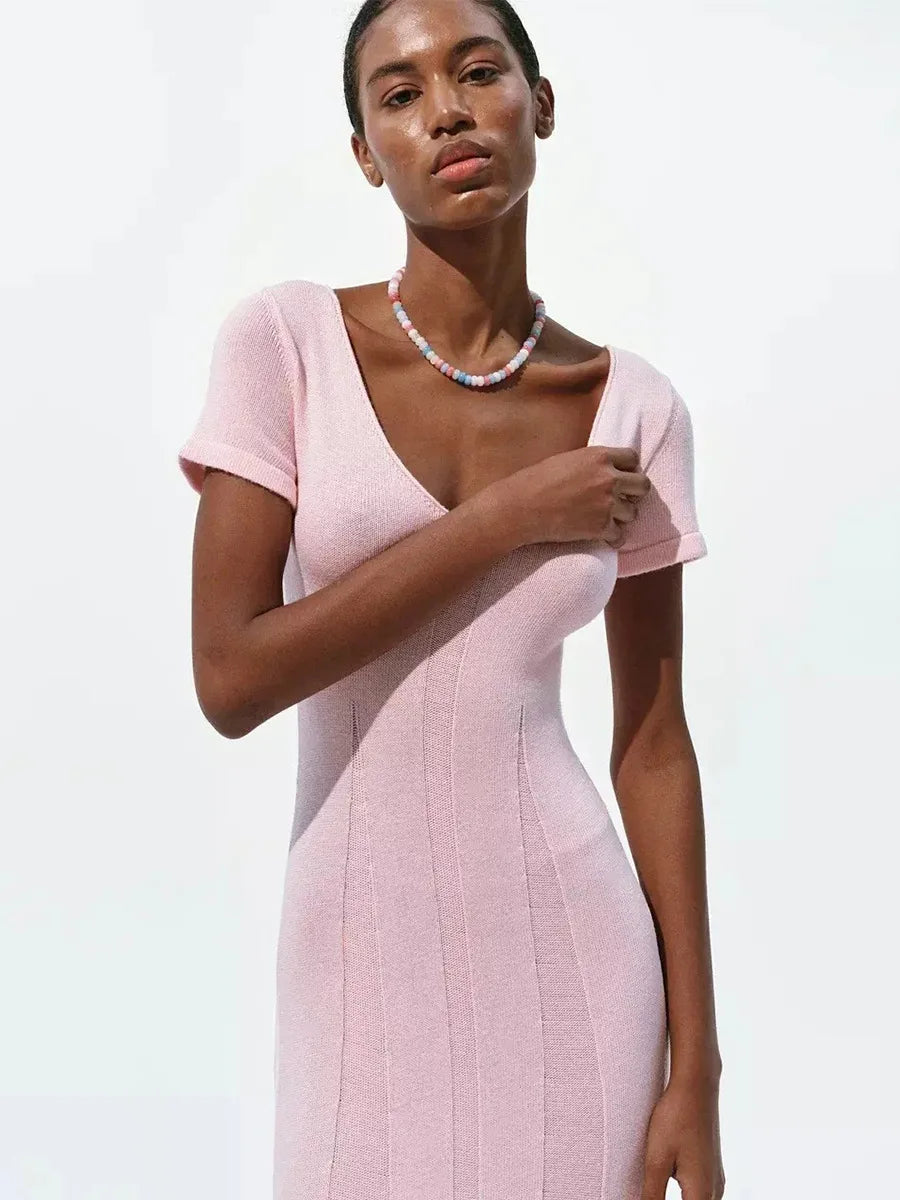 Tsiisd Ribbed Knit Maxi Dress For Women Deep V-Neck Slim High Slit Elegant Patchwork Commute Party Dress Women Knitwear Dress