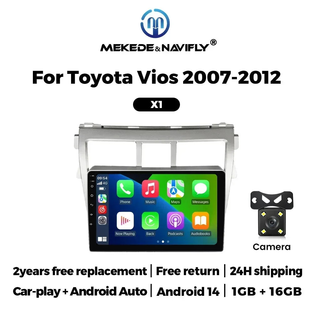 Wireless for CarPlay Android Auto Car Radio for Toyota VIOS Yaris 2007-2012 Video Multimedia Player GPS Stereo Head Unit BT WiFi