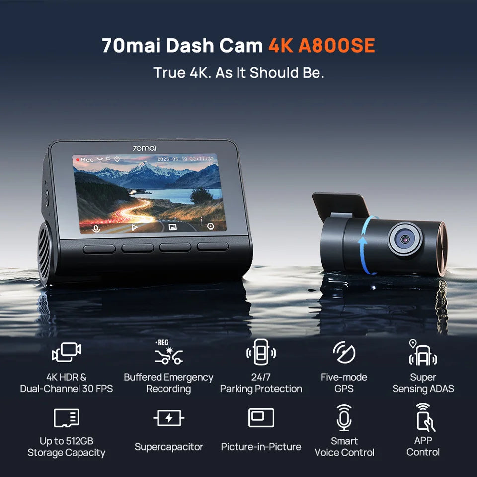 70mai 4K Dash Cam A800SE Upgraded Version of 70mai A800S Voice Control Supercapatior GPS ADAS Car DVR 70mai A800SE UHD Wifi 6