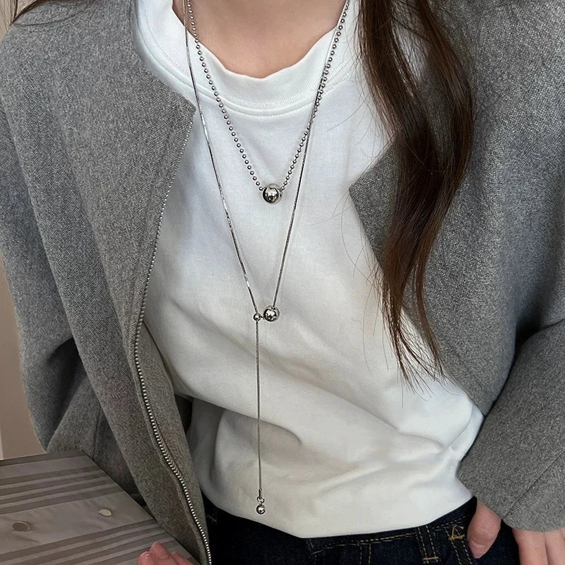 LATS Personality Stainless Steel Beaded Ball Pendant Necklace for Women Silver Color Double Layer Hip Hop Rock Chokers Jewelry