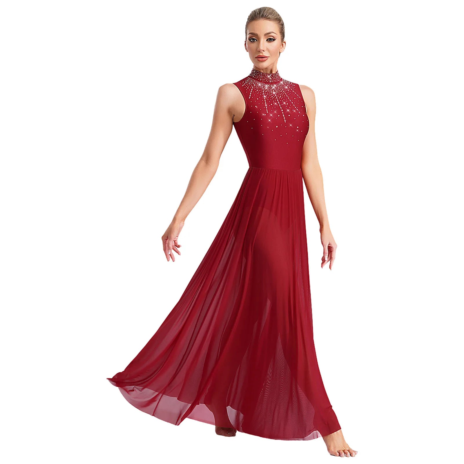 Womens Ballet Lyrical Dance Dress Cutout Back Full Length Overlay Leotard Costume Latin Rumba Tango Maxi Dress Long Dancewear