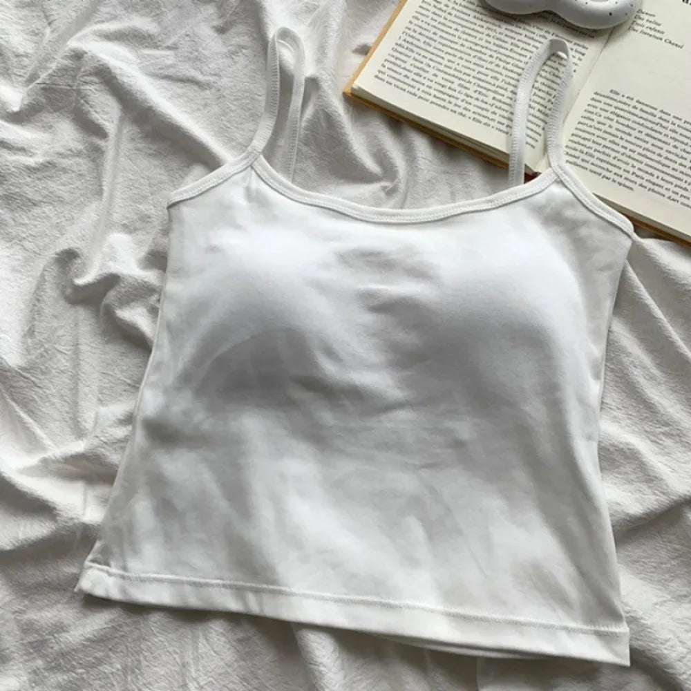 Tank Top Simple Spaghetti Straps Camisole Cotton Korean Style Chest Pad Camisole Solid Color Bottoming Shirt Sling Vest Women