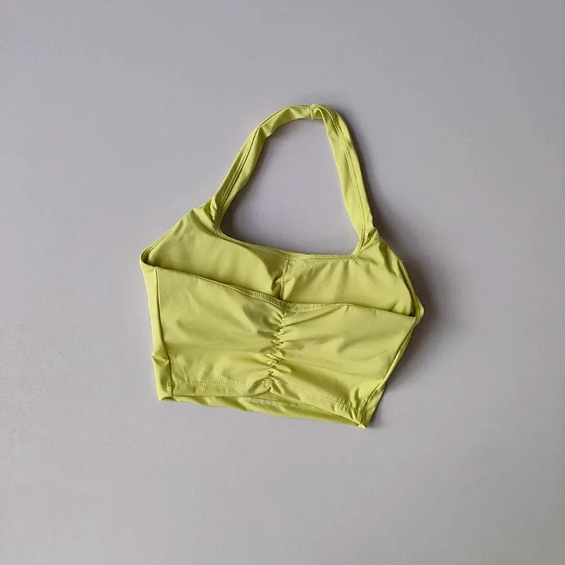 Summer New Sexy Hanging Neck with Chest Pads, Beautiful Back Sports Bra, Women's Light Luxury Fashion, Unique Pleated Sports Bra
