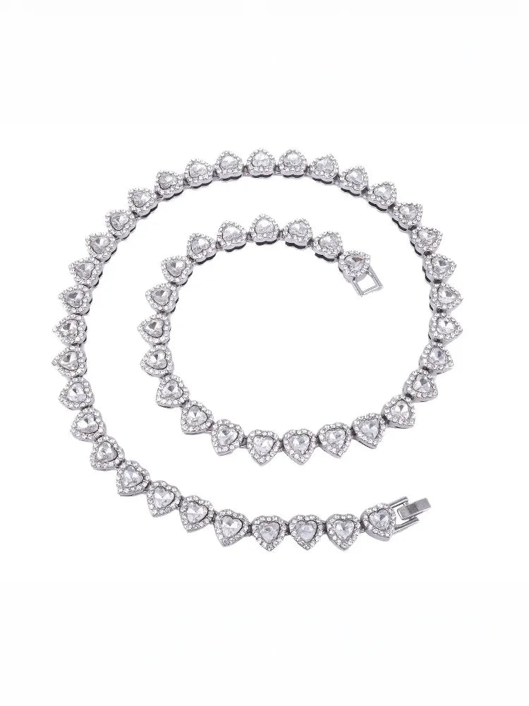 45CM New Hip Hop Tennis Chain Bracelet Necklace Shiny Heart Rhinestone CZ Fashion Rock Party Jewelry