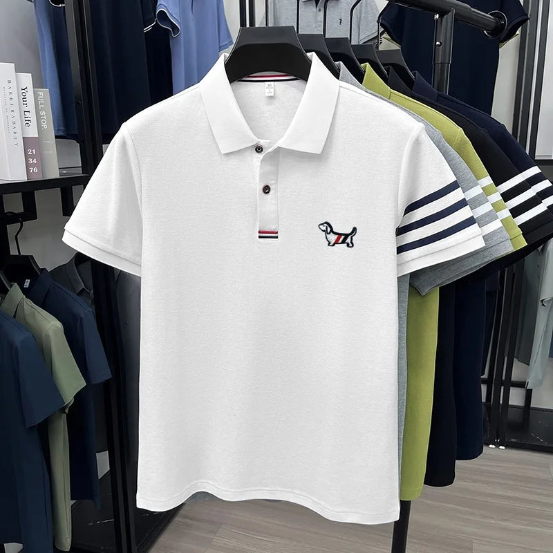 luxury brand men's high quality short sleeves polo shirt lapel embroidery puppy cuff stripe t-shirt business leisure men's wear