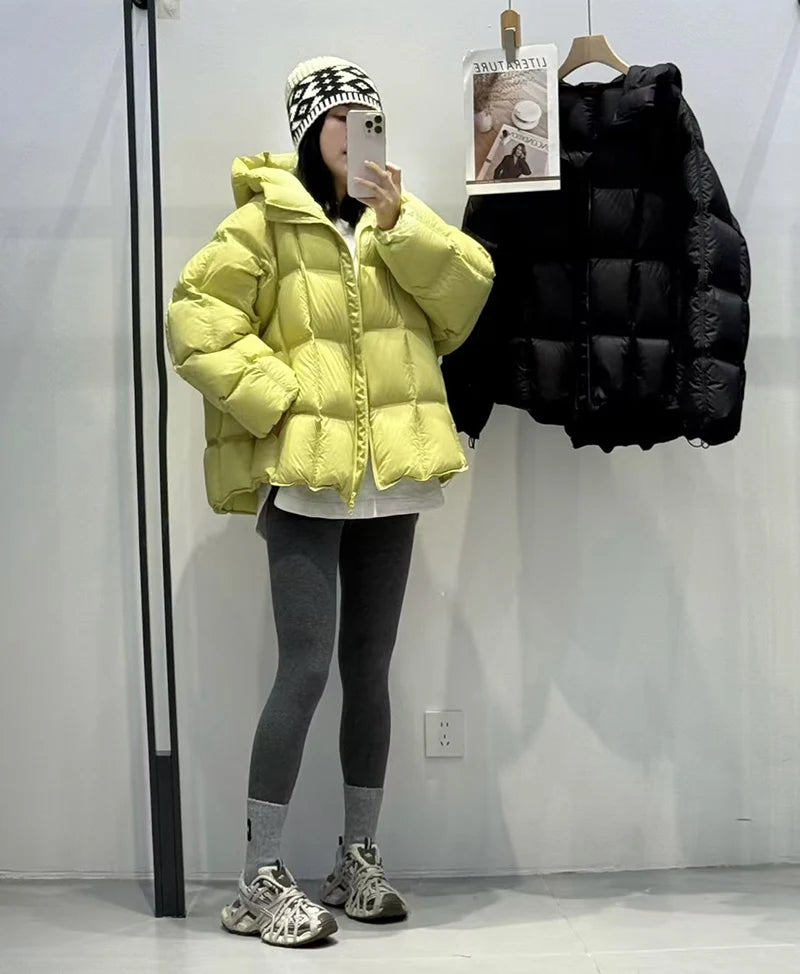 Schinteon Women Light White Down Jacket with Hood Loose Over Size Casual Autumn Winter Outwear Square Warm Short Coat 2026 New