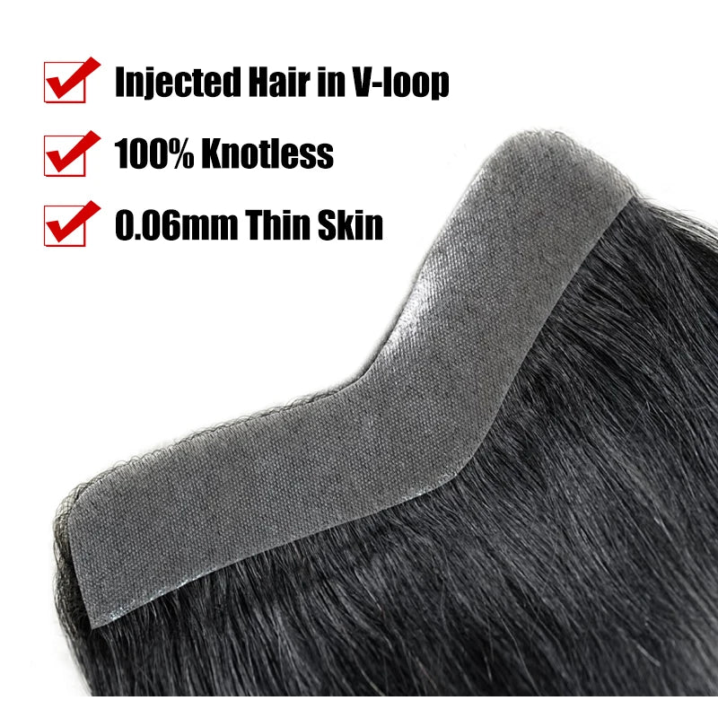 100% Human Hair Men PU V Loop Front Toupee Carefully Prune Natural Hairline Wigs Remy Hair Replacement Straight Hairpiece