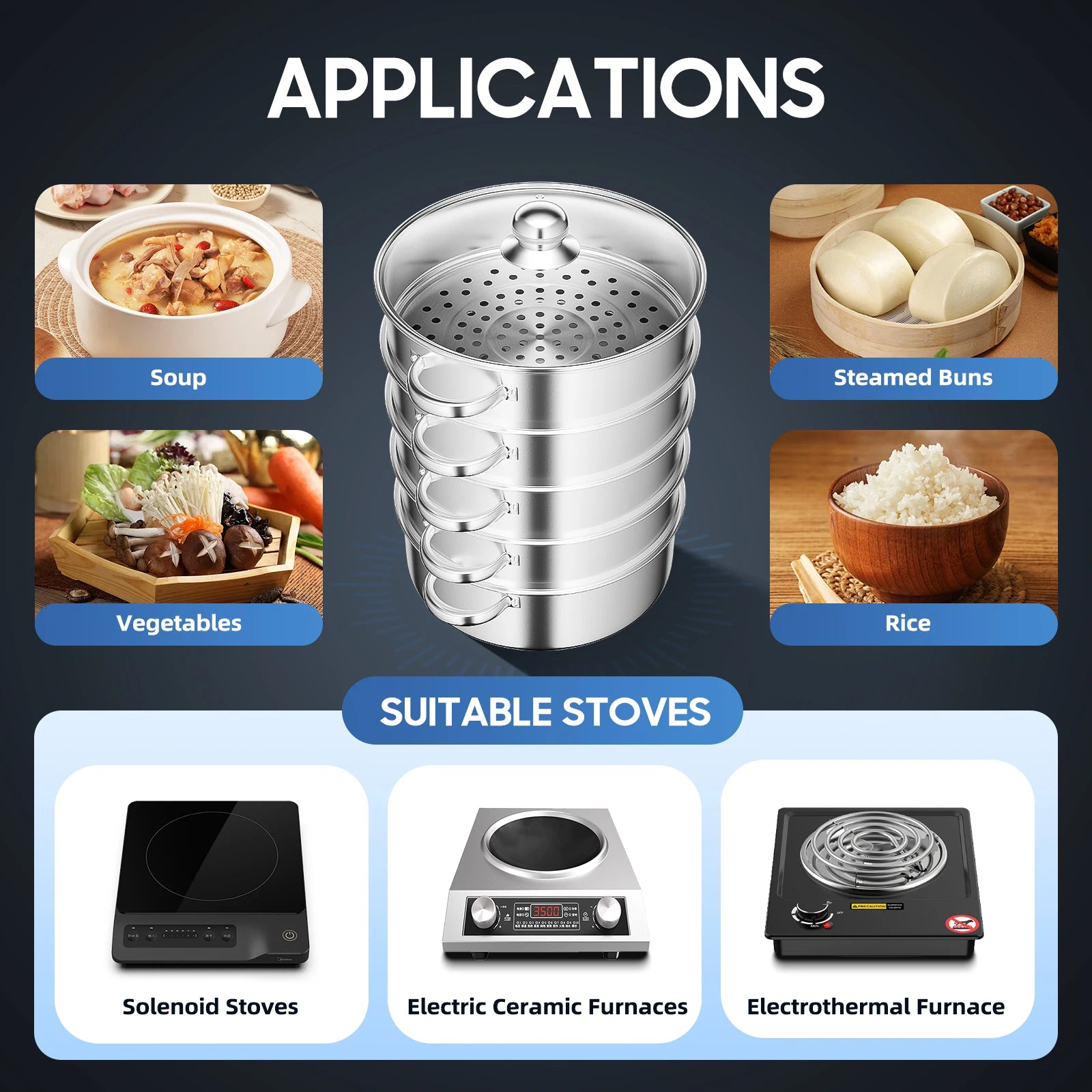 5-Layer Steamer 26cm/28cm/30cm Steam Cooker 304 Food-Grade Stainless Steel 4 Steaming Grids and 1 Cooking Pot W/ Glass Lid