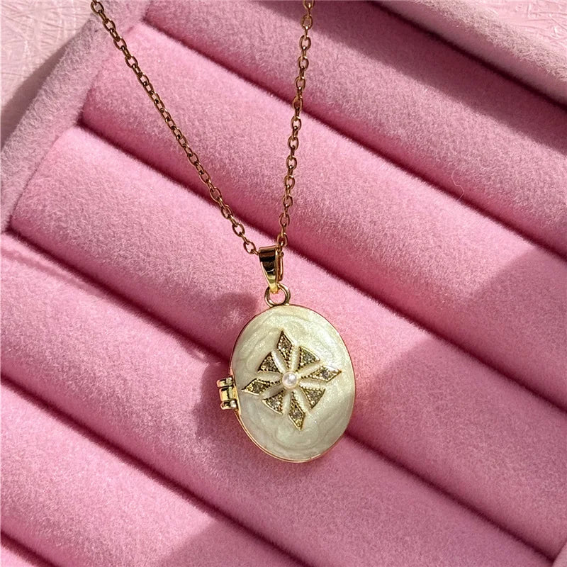 HangZhi Enamel Romantic Pink White Pearl Flower Oval Photo Frame Locket Necklace Vintage Keepsake Jewelry Gift for Women